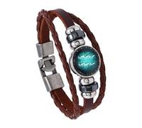 HUIANGLIYG Zodiac Constellation Braided Rope Bracelet Bangle For Women Men Vintage Brown Leather Cuff Bracelet With Beads Horoscope Sign Charm Jewelry Gifts Aquarius 20.5 Cm