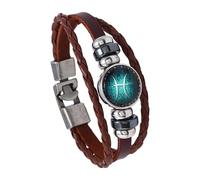 HUIANGLIYG Zodiac Constellation Braided Rope Bracelet Bangle For Women Men Vintage Brown Leather Cuff Bracelet With Beads Horoscope Sign Charm Jewelry Gifts Pisces 20.5 Cm