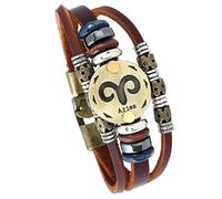 HUIANGLIYG Zodiac Leather Wrap Bracelet For Men Women Retro Multi-Layer Brown Leather Bracelet With Beads Boho Cuff Wristband Astrology Jewelry Gift For Horoscope Lovers Aries 21 Cm