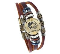 HUIANGLIYG Zodiac Leather Wrap Bracelet For Men Women Retro Multi-Layer Brown Leather Bracelet With Beads Boho Cuff Wristband Astrology Jewelry Gift For Horoscope Lovers Pisces 21 Cm