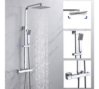 Huibathroom Thermostat Shower System, Square Thermostatic 38 °C Shower Mixer Set with Rainfall Shower Head, Handheld Shower, Riser Rail, Adjustable Height Anti Scald Chrome Shower Set