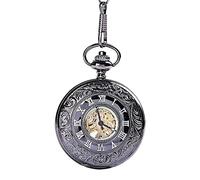 HUIBBGO Pocket Watch with Chain Pocket Watch Pocket Watch Mechanical Classical Engraving Pattern Pocket Watch Chain Light and Easy to Carry Vintage Engraved Quartz Pocket Watch,S,Black-One Size