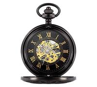 HUIBBGO Pocket Watch with Chain Pocket Watch Roman Carved Hollow Classic Mechanical Watch Pocket Watch High-Grade Large Flip Mechanical Pocket Watch Vintage Engraved Quartz Pocke,Black-4.7x1.5cm