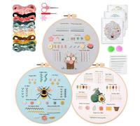 HUIBOHOU 3 Pack Embroidery kit for Beginners, Embroidery Starter Kits to Learn 30 Different Stitches, Including Fabric with Prints, Colorful Threads, Needles, Hoop