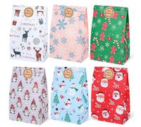 HuiCloud 24PCS Christmas Paper Gift Bags - 6 Assorted Festive Designs, Small Holiday Treat Bags Multipack with 24 Pcs Stickers for Candy, Snacks, Classroom, Xmas Party Favors & Birthday Gifts