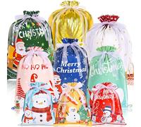 HuiCloud 32 Pcs Christmas Drawstring Gift Bags,9 Designs & 4 Sizes Large Medium Small Foil Christmas Bags for Presents,Reusable Xmas Gift Bag Multipack for Party, Holiday and Decorations