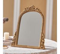HuiDao Vintage Vanity Makeup Mirror, Antique Traditional Chic Arch Table Make Up Mirror Gold for Decor, Small Standing Mirrors Carved Arendahl for Living Room, Bedroom, Tabletop 11.8" x 9.6"