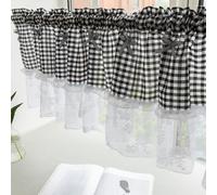 Huierxun Black and White Buffalo Check Plaid Window Valances Floral Lace Semi Sheer Kitchen Curtain Farmhouse Gingham Curtains Rod Pocket Valances for Living Room (Black A,42"x18")