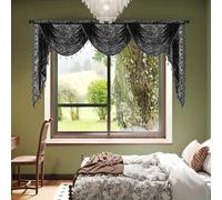 Huierxun Black Lace Waterfall Window Valance with Bead Tassels Floral Embroidered Valance Curtains Semi Sheer Rod Pocket Valance/Swags for Bedroom/Living Room/Kitchen/Basement (Black,98"x41")