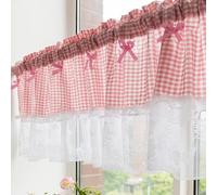 Huierxun Pink and White Buffalo Check Plaid Tier Curtains Floral Lace Semi Sheer Kitchen Curtain Farmhouse Gingham Curtains Rod Pocket Tiers for Living Room (Pink A,42"x24")