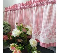 Huierxun Pink and White Buffalo Check Plaid Tier Curtains Floral Lace Semi Sheer Kitchen Curtain Farmhouse Gingham Curtains Rod Pocket Tiers for Living Room (Pink B,42"x24")