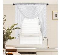 Huierxun White Lace Waterfall Valance with Bead Tassels, Floral Embroidered, Semi Sheer, Rod Pocket, 39"x41", Kitchen