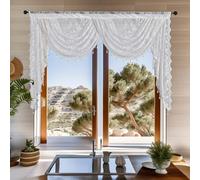 Huierxun White Lace Waterfall Valance with Bead Tassels, Floral Embroidered, Semi Sheer, Rod Pocket, 59"x41", Living Room/Kitchen/Basement