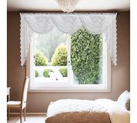 Huierxun White Lace Waterfall Valance with Bead Tassels Floral Embroidered Semi Sheer Rod Pocket Valance for Bedroom/Living Room/Kitchen/Basement (White,98"x41")