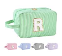 Huifen Personalized Initial Makeup Bag A-Z, Travel Toiletry Bag Preppy Make Up Bags Girls Cute Cosmetic Pouch Makeup Organizer Wedding Birthday Mothers Day Gifts for Women, Green, R