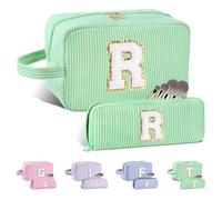 Huifen Personalized Initial Makeup Bag A-Z, Travel Toiletry Bag Preppy Make Up Bags Girls Cute Cosmetic Pouch Makeup Organizer Wedding Birthday Mothers Day Gifts for Women, Upgraded Green, R