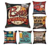 HuifengS Linen Throw Cushion Pillow Covers Square Pillowcase Vintage Beer Theme Decorative for Sofas Beds Chairs Cushion Cover Set of 6, 18 x 18 Inch