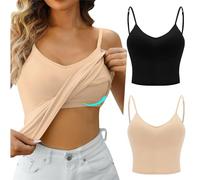 HUIFUAO 2 Pack Womens Camisoles with Built in Bra White Cotton Tank Top for Women Summer Basic Undershirt Black Tank Top Women (Black/Beige, S)