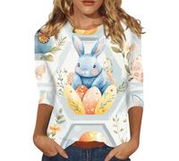 HUIFUAO 3/4 Sleeve Easter T Shirts for Women Funny Bunny Tops Oversized Easter Outfits Cute Egg Print Shirts Crew Neck Tee Tops Blouse Casual Holiday Costume Clothes (Z04-Blue, L)