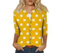 HUIFUAO 3/4 Sleeve Shirt Women V Neck Plus Size Tops Black Basic Elegant Button Blouse Summer Polka Dot Print Tunic Tshirt (Yellow, L)