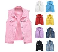HUIFUAO Beige Denim Jacket For Women Oversized Jean Vest Button Down Lapel Gilets Tank Tops With Pocket Vintage Distressed Waistcoat (Light Blue, XXXXXXXL) Under 5 Pounds Clearance