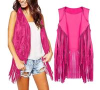 HUIFUAO Black Waistcoat Women Sleeveless Tassel Vest Vintage Western Cowgirls Outfits 70s Hippie Cardigan Open Front Gilet Jacket (Hot Pink, XXXL) Day Prime Today On Clearance