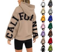 HUIFUAO California Women Hoodie Plus Size New York Paris London Sweatshirts Funny Back Letter Print Pullover With Pocket Trendy Long Sleeve Tops Athletic Streetwear (A05-Khaki, M)