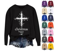 HUIFUAO Christmas Begins With Christ Sweatshirts for Women Plus Size Christmas Sweatshirts Faith Cross Print Christian Sweatshirt Inspirational Religious God Tops Long Sleeve (Beige, XXXL)