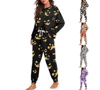 HUIFUAO Costume Women for Halloween Funny Pumpkin Ghost Sleepwear Black Cat Pjs Halloween Pajamas Long Sleeve Tops and Trousers Pants Nightwear 2 Piece Loungewear (White, M)