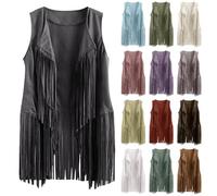 HUIFUAO Cow Print Shirt Women White Fringed Waistcoat Tops Sleeveless Western Clothing 70s Hippie Tassel Vest Cardigan Long Jacket (Z02-Light Blue, XXXL)