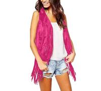 HUIFUAO Cowgirl Waistcoat Women Sleeveless Tassel Vest Vintage Western Outfits 70s Hippie Fringed Tops Cardigan Suede Gilet Jacket (Z01-Hot Pink, XL)