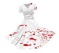 HUIFUAO Cute Halloween Dresses for Women Scary Bloody Fancy Dress Plus Size Halloween Costumes V Neck Short Sleeve Party Evening Horror Festival Cosplay Outfits Clothes (Red #4, M)