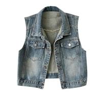 HUIFUAO Denim Jacket for Women Dark Blue Jean Jacket Distressed Shacket Sleeveless Trucker Waistcoat Vest Rhinestone Coat Trendy Boyfriend Motorcycle Streetwear Gilet (Z21 Blue, M)