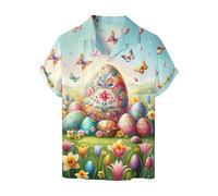 HUIFUAO Easter Eggs Shirt for Men UK Short Sleeve Easter Bunny Tee Shirt Funny Rabbit Button Down Blouse Tops Summer Hawaiian Tshirt (Z12-Blue #1, XXXXXL)