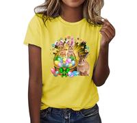 HUIFUAO Easter Shirts for Women Bunny Eggs Print Short Sleeve T Shirt Easter T Shirts for Women Plus Size Womens Plus Size Easter Outfits (Yellow, L)