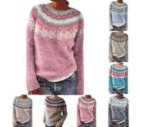 HUIFUAO Fair Isle Jumpers Women Plus Size Christmas Sweater Norwegian Nordic Icelandic Knitwear Warm Thick Pullover Vintage Long Sleeve Tops Sweatshirt(Z02-Pink, XL)