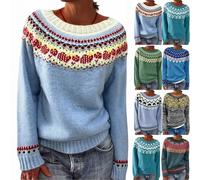 HUIFUAO Fair Isle Sweater Women Plus Size Norwegian Nordic Icelandic Jumpers Winter Warm Thick Christmas Sweaters Soft Knitwear Vintage Xmas Pullover Long Sleeve Tops (Navy, XXXL)