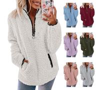 HUIFUAO Fall Sweaters for Women 2025 White Fleece Jacket 1/4 Zip Pullover Sherpa Sweatshirts Winter Warm Fuzzy Wool Sweater Long Sleeve Coats Outerwear With Pockets