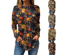 HUIFUAO Funny Halloween Shirts for Women Plus Size Pumpkin Tops Bat Spider T Shirts Horror Halloween Costumes Long Sleeve Tunic Pullover Festival Outfits (Z02-Grey, XXXL)