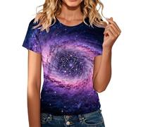 HUIFUAO Galaxy Tshirts for Women Funny Sparkly Star Space Print Tops Glitter Starry Sky Universe Shirts Festival Short Sleeve Blouse Tunic Trendy Carnival Costumes Novelty (Purple #1, XXL)