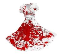 HUIFUAO Gothic Dresses for Women Halloween Scary Bloody Fancy Dress Plus Size Halloween Costumes V Neck Short Sleeve Party Evening Horror Festival Cosplay Outfits Clothes (Red #3, XXXL)