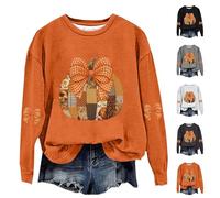 HUIFUAO Halloween Costume Outfit Woman 2025 Funny Pumpkin Tops Cute Halloween Sweatshirts Plus Size Long Sleeve Pullover Crew Neck Festival Clothes (A03-Grey, XL)