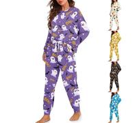 HUIFUAO Halloween Costume Women Funny Pumpkin Ghost Halloween Pajama Set Sleepwear 2 Piece Outfits Pjs Long Sleeve Tops and Trousers Nightwear Loungewear (Purple-M)