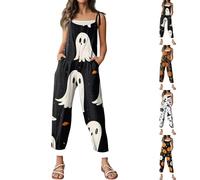HUIFUAO Halloween Costumes for Women Funny Ghost Pumpkin Halloween Jumpsuits Plus Size Overalls Scary Festival Dungarees Sleeveless Wide Leg Playsuits Baggy Rompers with Pockets (Orange, XL)