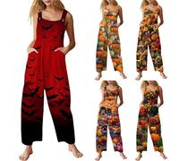 HUIFUAO Halloween Costumes for Women Funny Pumpkin Halloween Jumpsuits Plus Size Overalls Bat Vintage Dungarees Sleeveless Wide Leg Playsuits Festival Bib Rompers with Pockets (Purple, L)