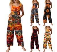 HUIFUAO Halloween Costumes for Women Funny Pumpkin Halloween Jumpsuits Plus Size Overalls Vintage Bat Dungarees Sleeveless Wide Leg Playsuits Festival Bib Rompers with Pockets (Red, L)