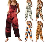 HUIFUAO Halloween Costumes for Women Plus Size Pumpkin Halloween Jumpsuits Funny Overalls Scary Bat Print Dungarees Sleeveless Wide Leg Playsuits Festival Bib Rompers with Pockets (Orange, L)