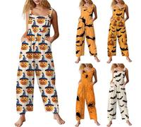 HUIFUAO Halloween Costumes for Women Plus Size Pumpkin Halloween Jumpsuits Funny Overalls Scary Spider Bat Print Dungarees Sleeveless Wide Leg Playsuits Bib Rompers with Pockets (Yellow, L)