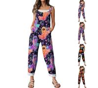 HUIFUAO Halloween Jumpsuit Womens Funny Pumpkin Bib Overalls Plus Size Halloween Costumes Scary Bat Print Dungarees Sleeveless Wide Leg Playsuits Festival Rompers with Pockets (Z11-Black, XXXL)