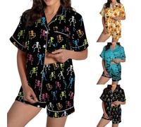 HUIFUAO Halloween Nightgown for Women Funny Ghost Pumpkin Nightwear Scary Halloween Costumes Satin Pajamas 2 Piece Skeleton Sleepwear Short Sleeve Shirts and Shorts Loungewear (Yellow, XXXL)